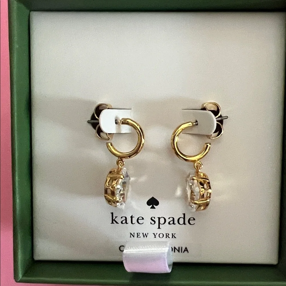 Kate Spade Gold CZ Treasure Trove Hoop Huggie Drop Earrings::NWT::